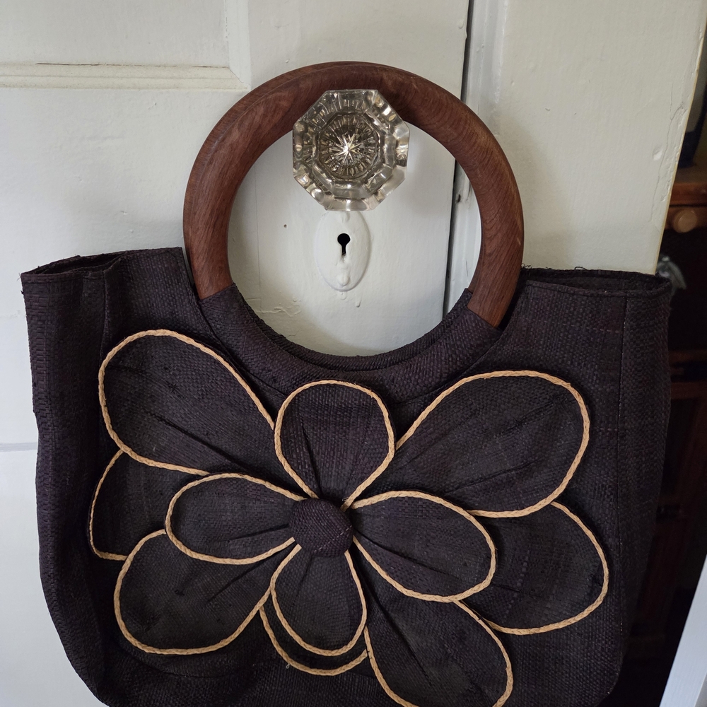 Woven Floral Satchel with Wood Handles - Black - Picture 2 of 4